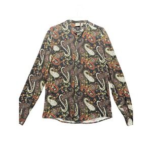 ASOS Button Down Mens Small Black Paisley Grandad Collar Viscose Long Sleeve